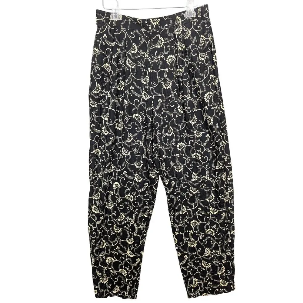 Vintage Pants Womens 14 Black Floral Print Pleated Made USA Toni Garment Boho